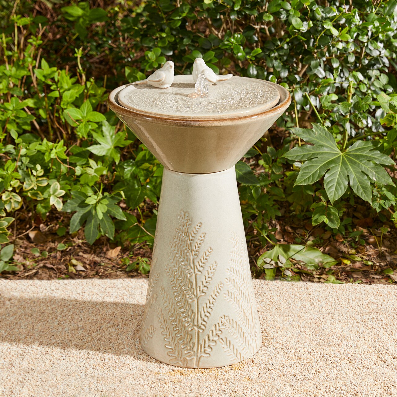 27.5"H Embossed Fern Fronds Pattern Pedestal Ceramic Birdbath Fountain with Two Birds, LED Light, Includes Pump, Multiple Colors